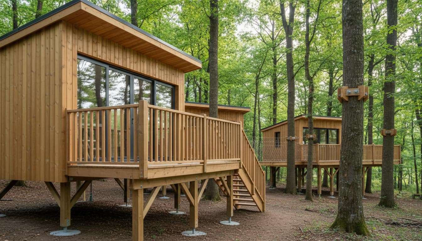 Construction d'une maison sur pilotis en bois, au-delà de la cabane