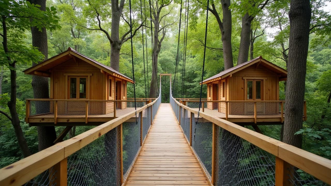 Passerelle suspendue entre deux arbres, conception et sécurité