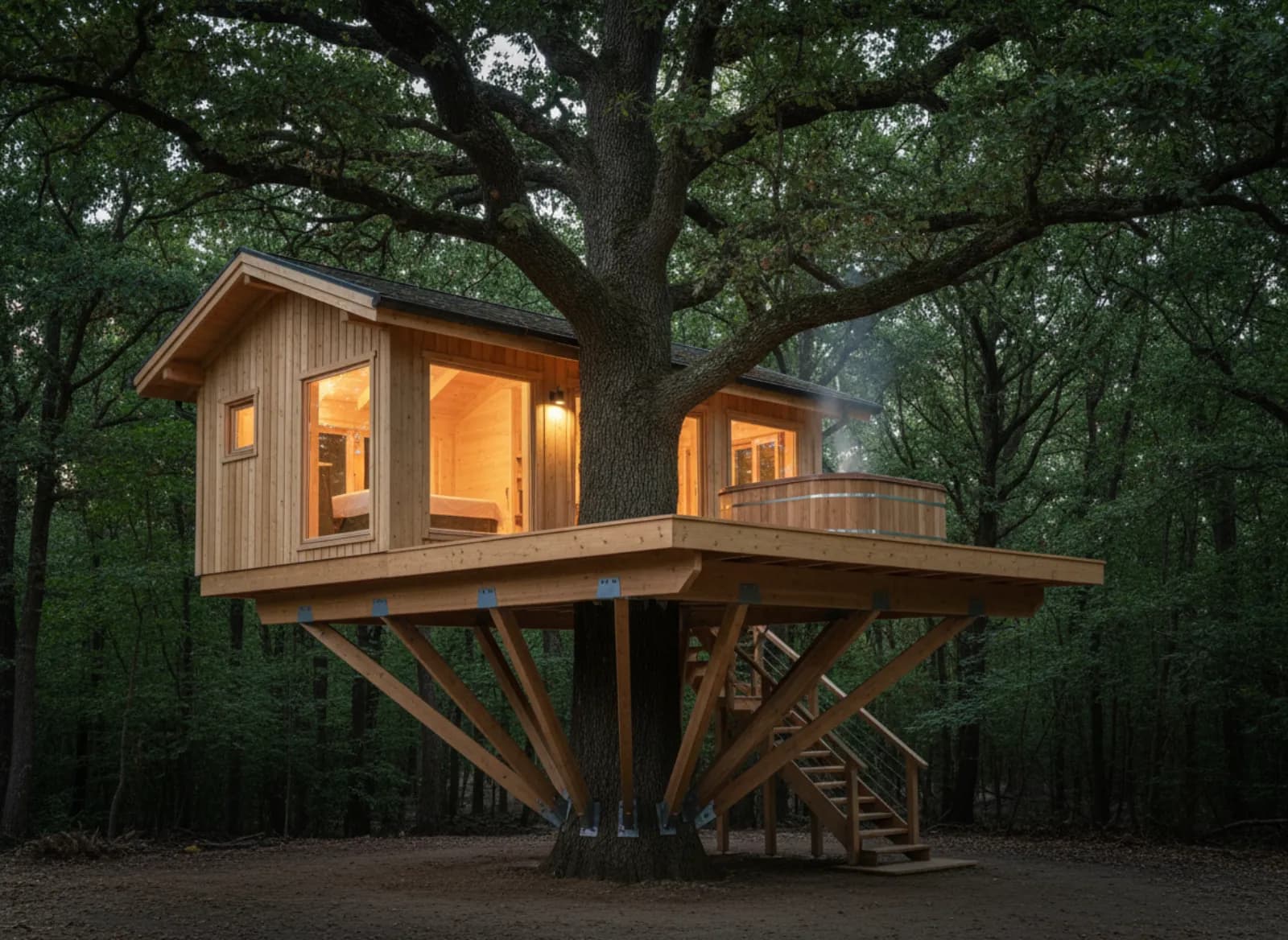 Cabane perchée en bois avec un spa sur la terrasse, au milieu des arbres