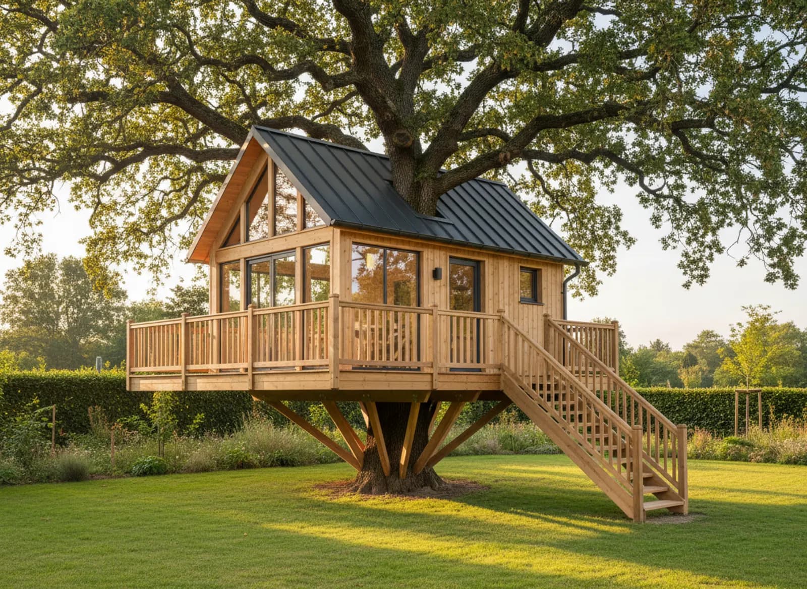 Cabane perchée en bois clair dans un grand chêne, plateforme et garde-corps neufs