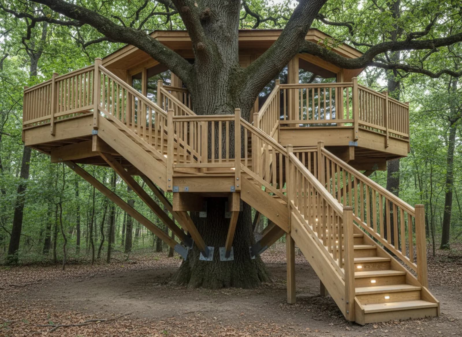 Escalier en bois avec garde-corps qui monte à une cabane perchée dans un chêne