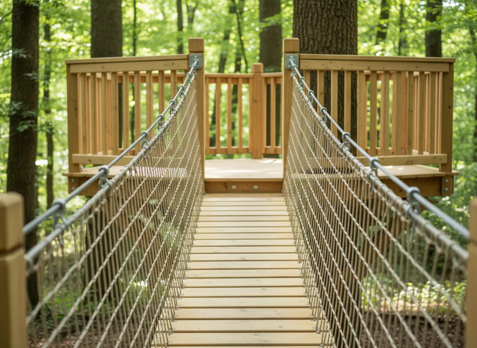 Passerelle en bois neuf avec garde-corps et filets, vue depuis son entrée