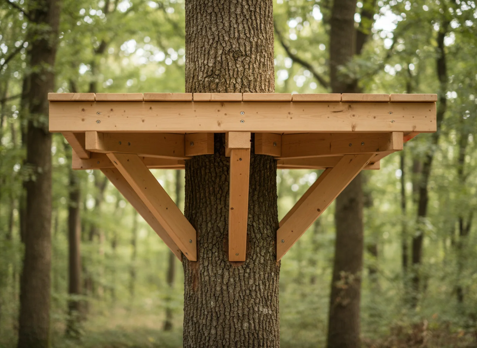 Plateforme de cabane perchée en bois neuf, portée par des jambes de force sous un grand chêne