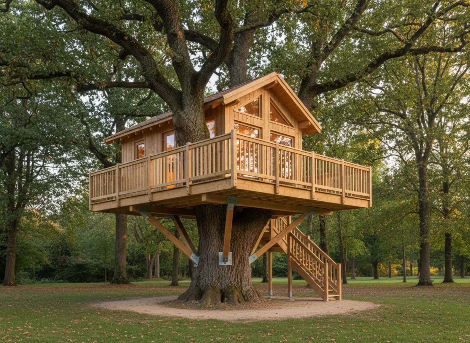Cabane perchée habitable en bois neuf, avec terrasse et garde-corps, dans un grand chêne