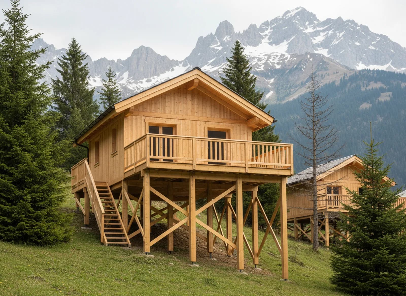 Cabane sur pilotis de hauteurs différentes sur une pente de montagne