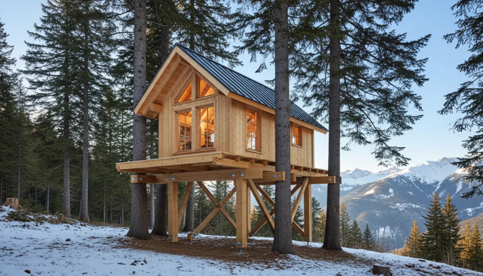 Cabane perchée éclairée au crépuscule sous les sapins enneigés