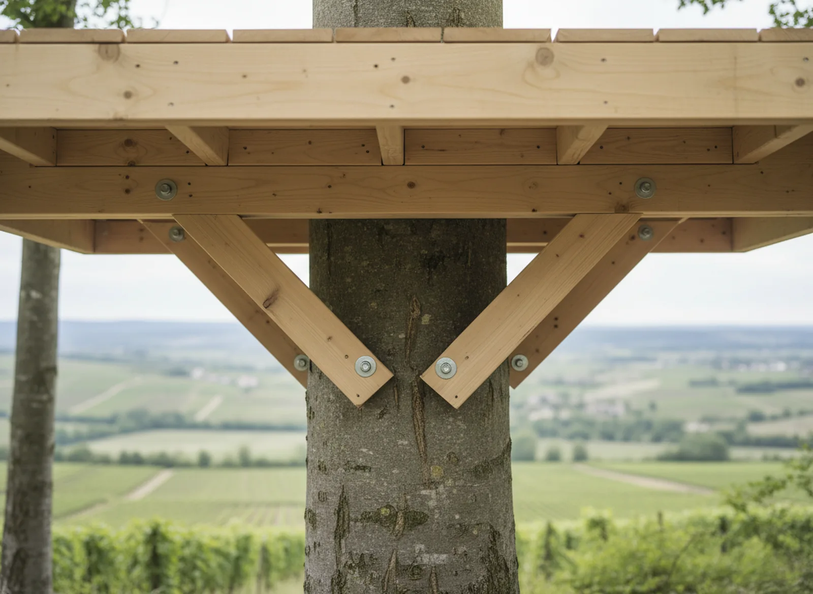 Plateforme de cabane portée par un hêtre, jambes de force et ancrages visibles