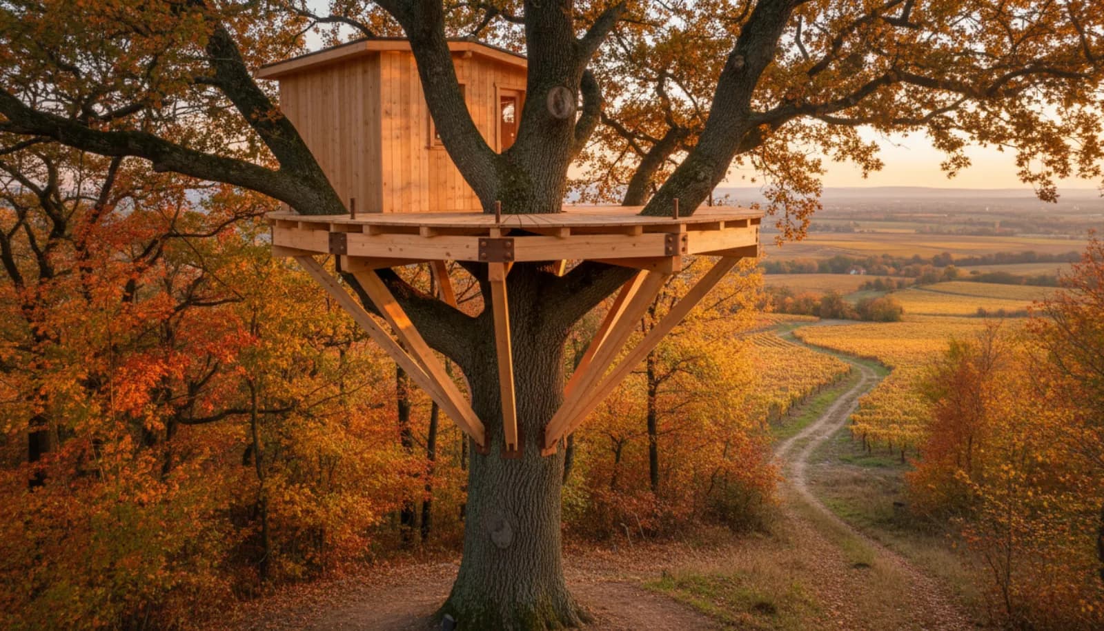 Cabane perchée dans un grand chêne en lisière de forêt, au-dessus des vignes