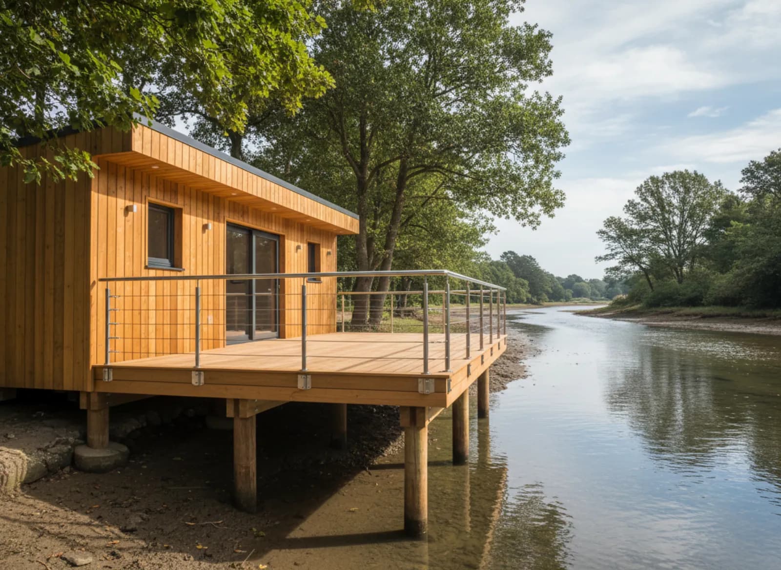 Cabane sur pilotis au bord d’une ria, terrasse en bois tournée vers l’eau