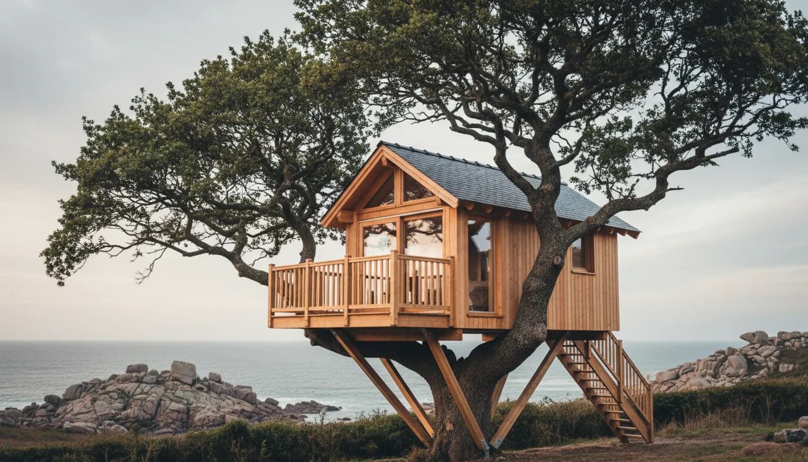 Cabane perchée dans un chêne façonné par le vent, face à la mer et aux rochers bretons