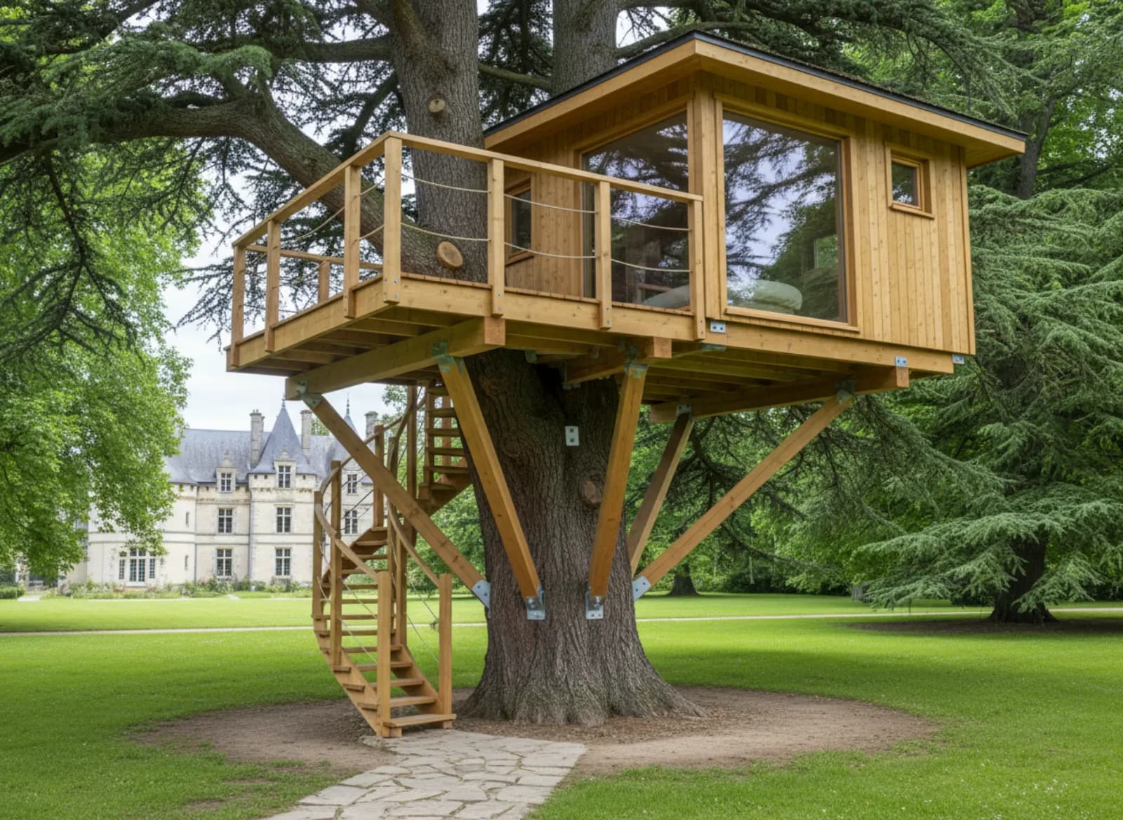 Cabane perchée dans un grand cèdre du parc d’un château de la Loire