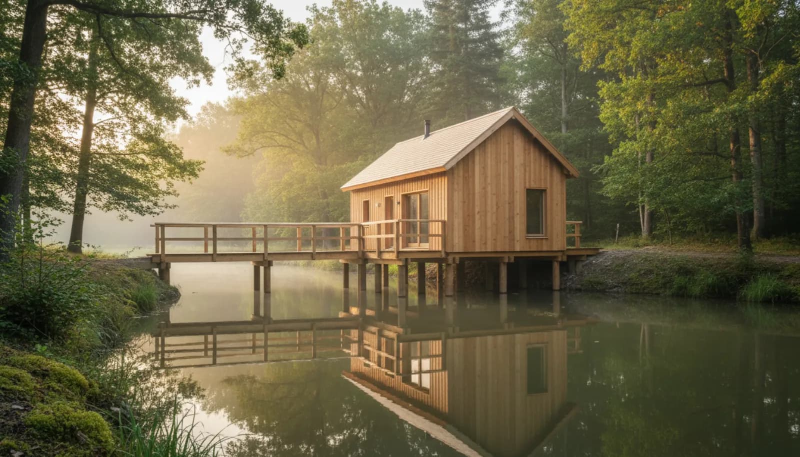 Cabane sur pilotis au-dessus d’un étang, reliée à la berge par une passerelle