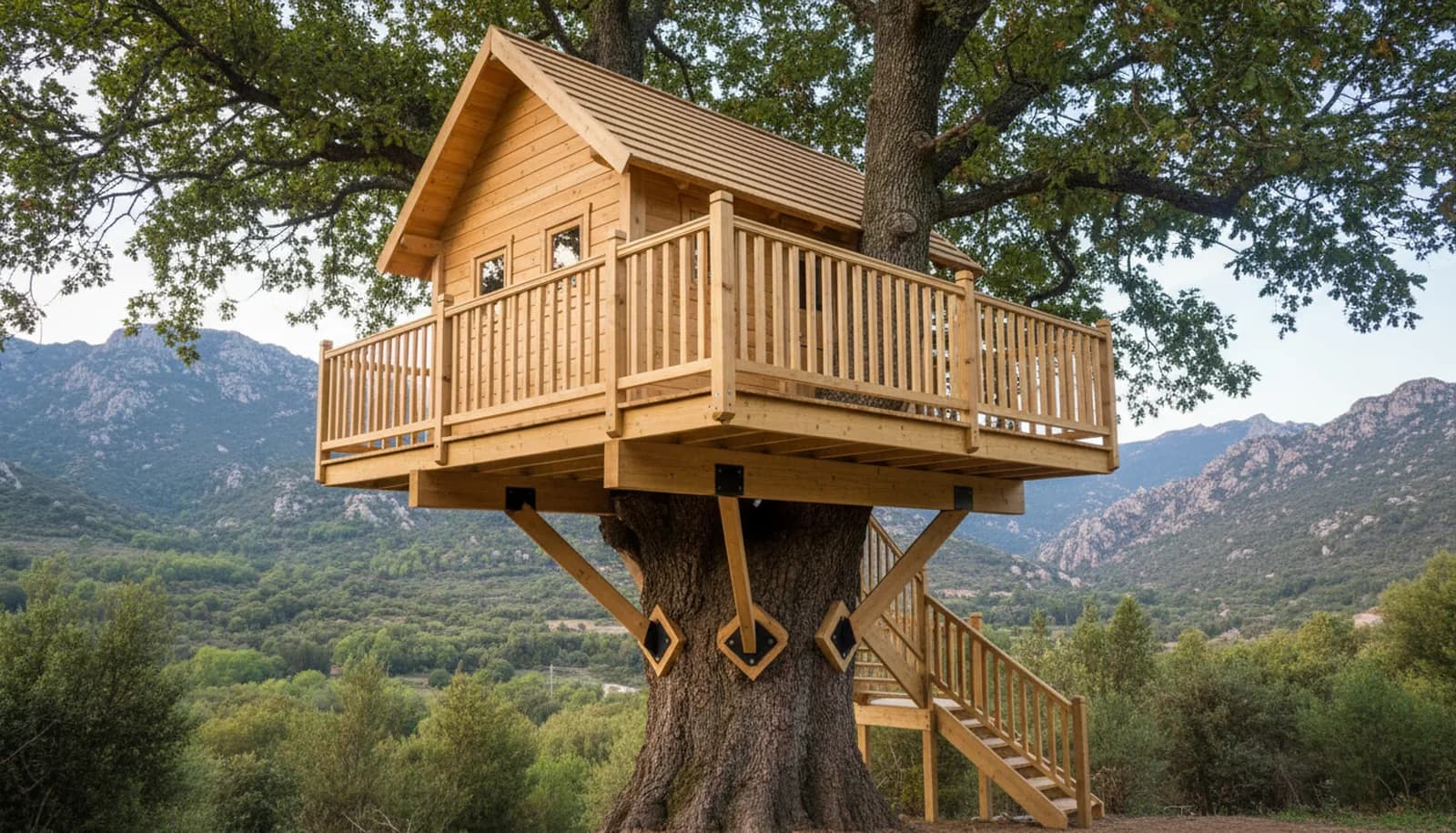 Cabane perchée dans un grand châtaignier, montagnes corses au fond