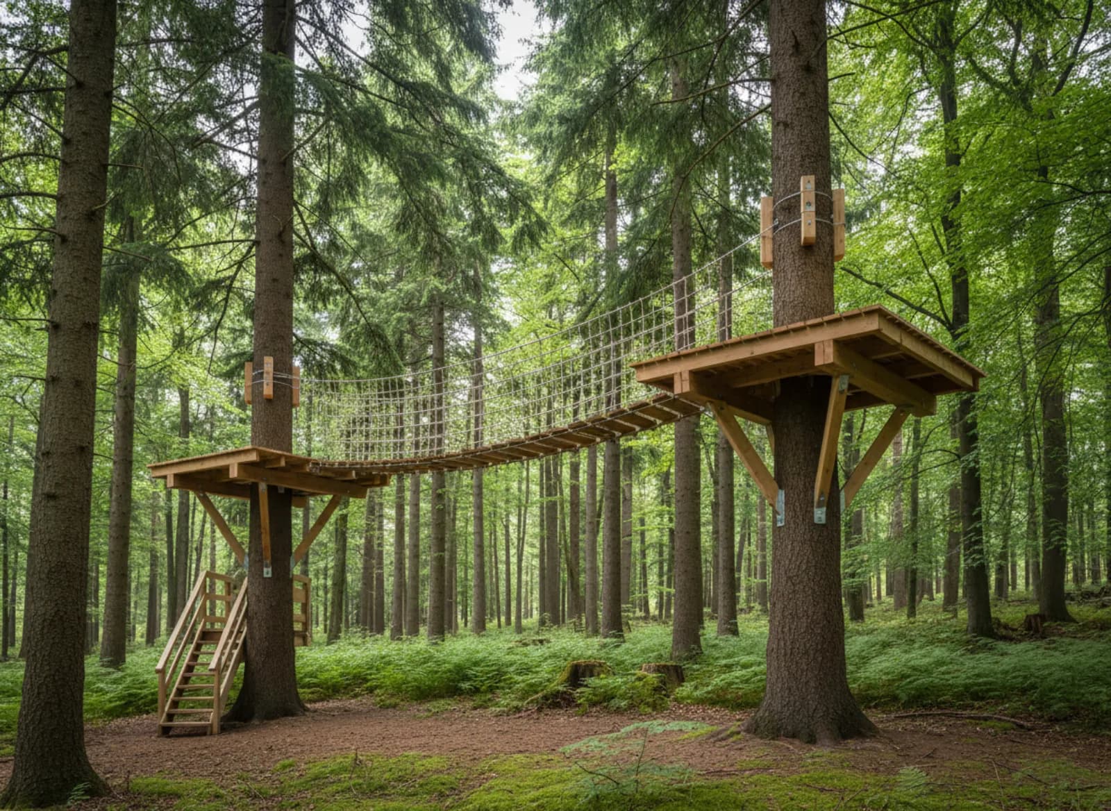 Pont suspendu en bois avec filets entre deux cabanes, en forêt de sapins et de hêtres
