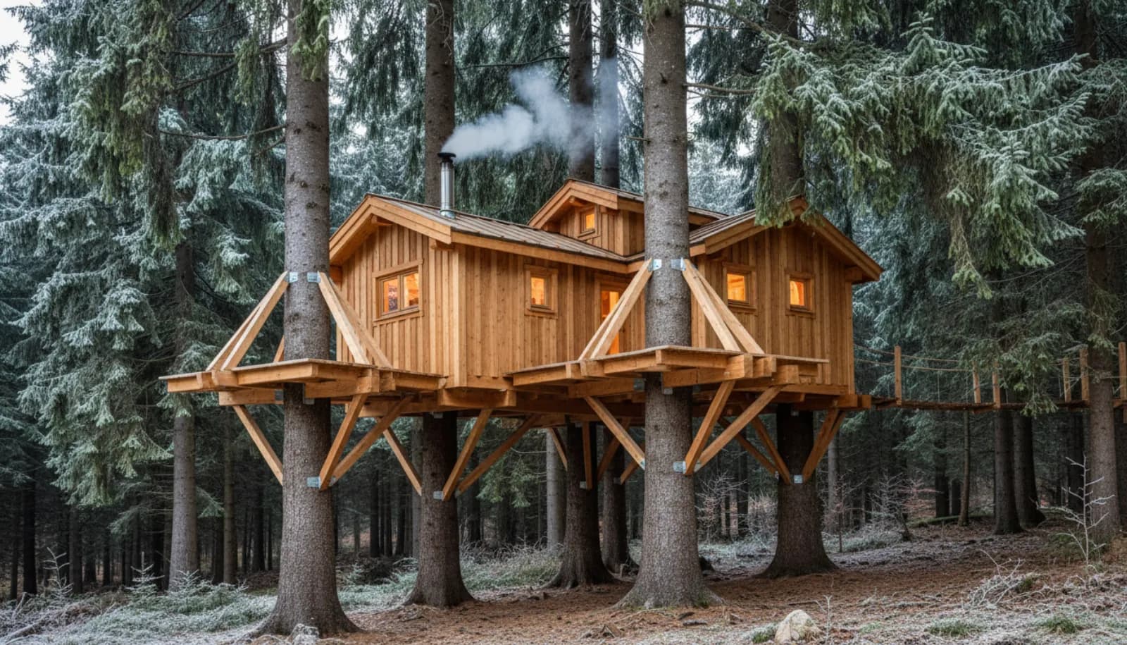 Cabane perchée isolée répartie sur trois sapins, dans une forêt des Vosges