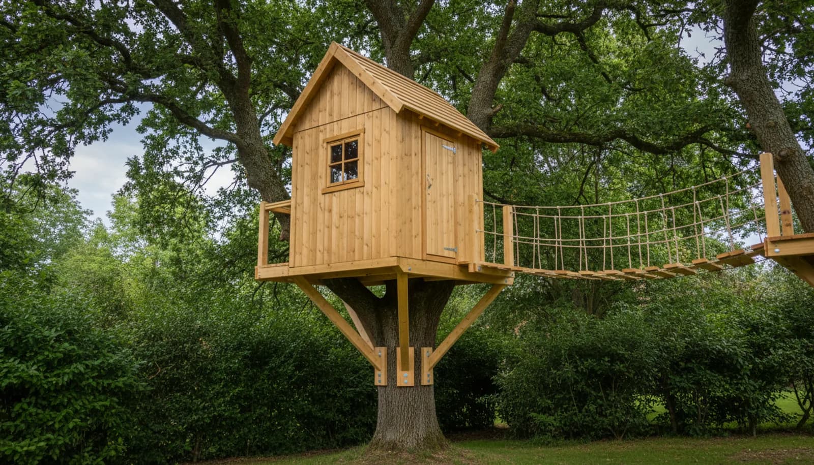 Cabane d’enfants dans un grand chêne de jardin, reliée par un pont de singe à une plateforme