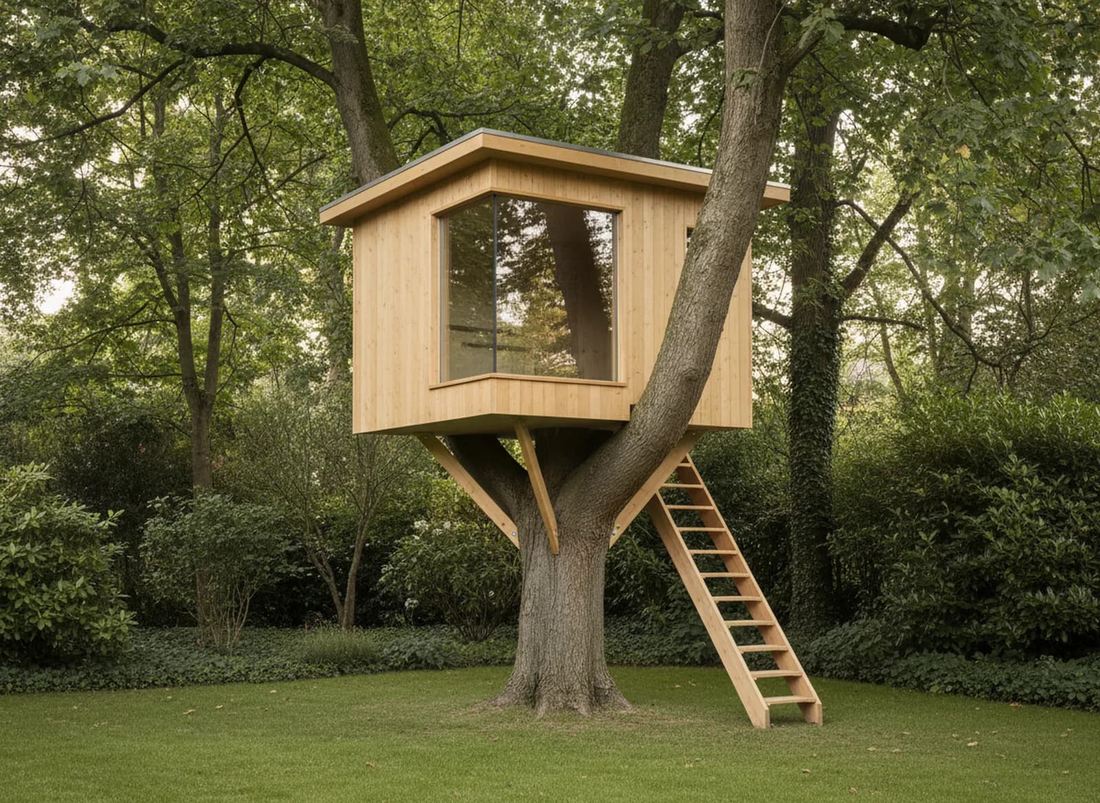 Cabane de lecture avec grande fenêtre, perchée dans un érable de jardin