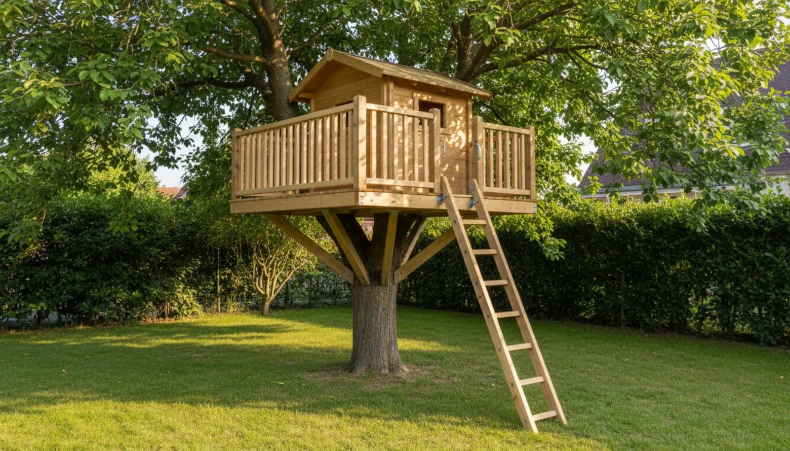 Cabane d’enfants dans un tilleul au fond d’un jardin de banlieue