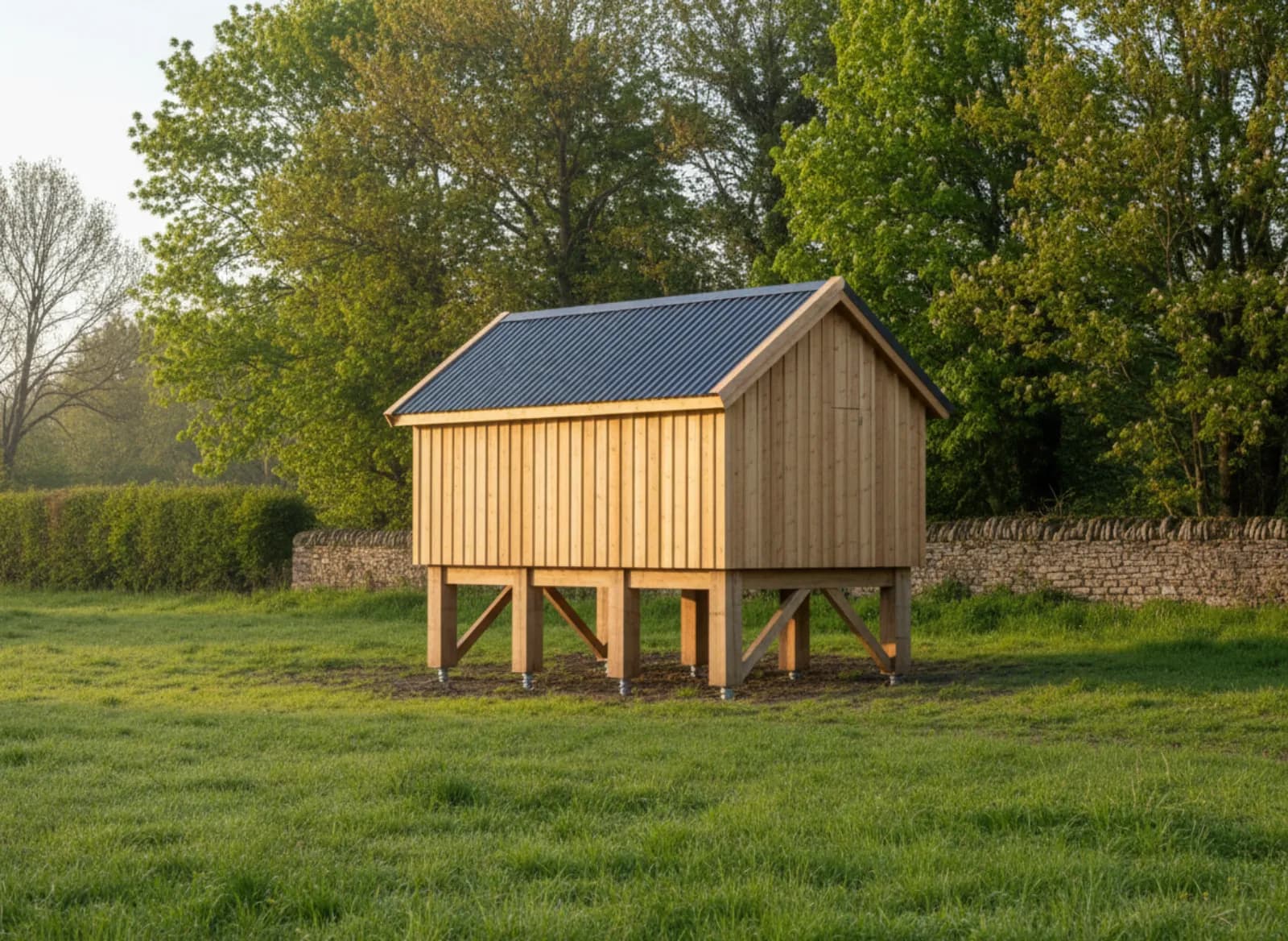 Cabane sur pilotis posée sur une prairie humide, près d’une haie de bocage