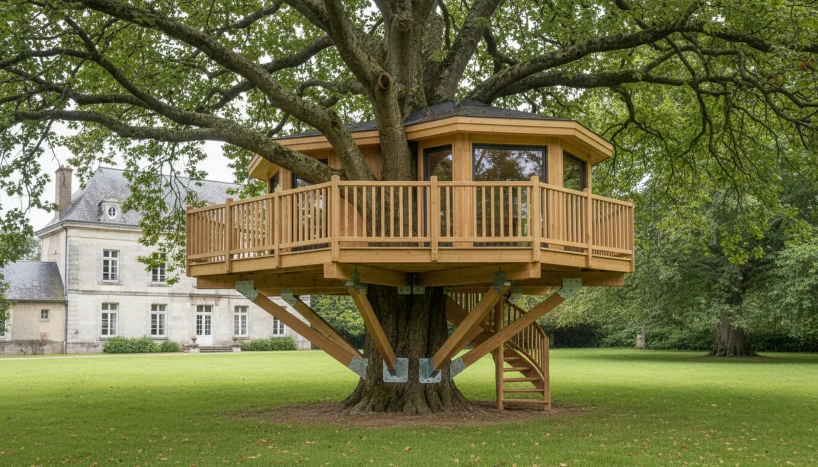 Cabane perchée dans un grand hêtre du parc d’un manoir normand