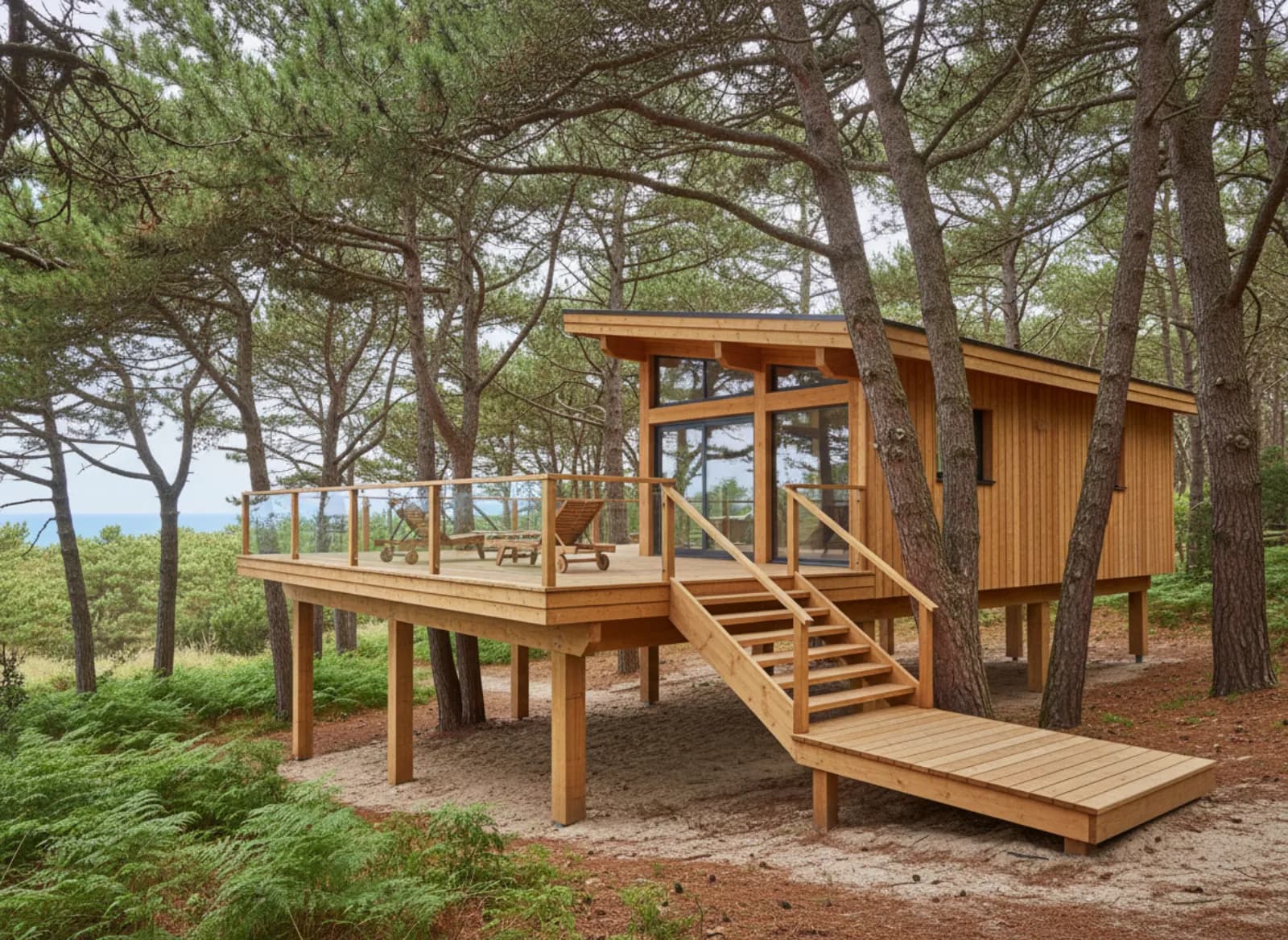 Cabane sur pilotis entre les pins, sur un sol sableux couvert de fougères