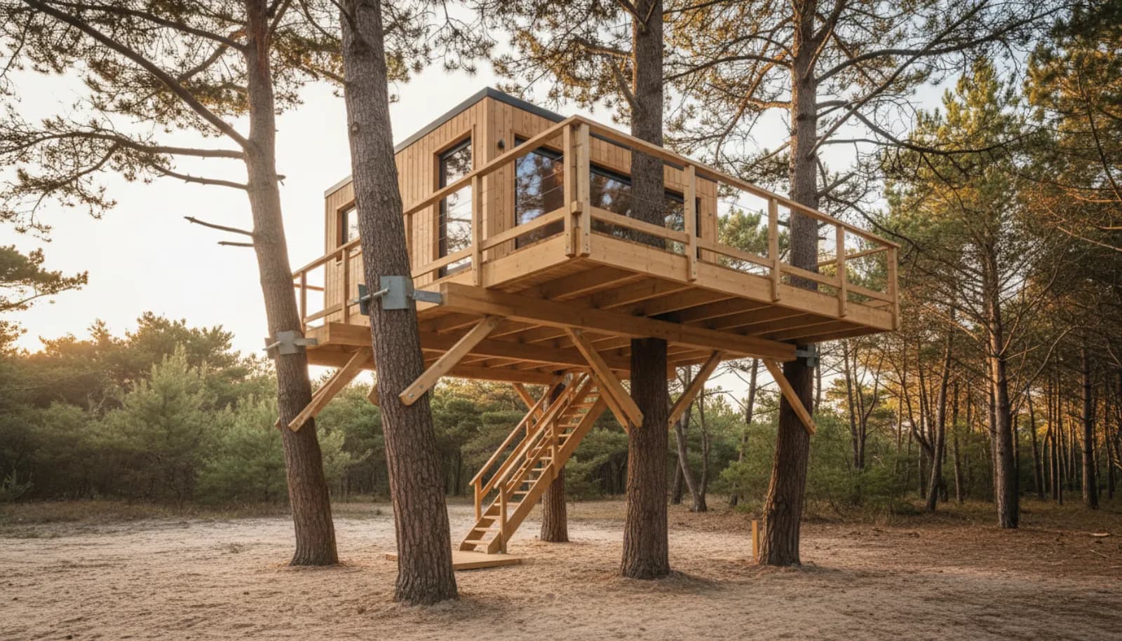 Cabane perchée en bois neuve dans de grands pins maritimes, terrasse tout autour