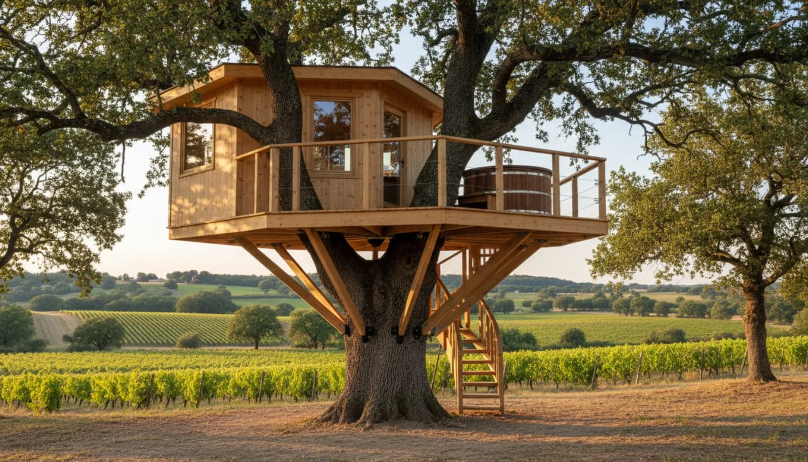 Cabane perchée avec spa sur la terrasse, dans des châtaigniers au-dessus des vignes