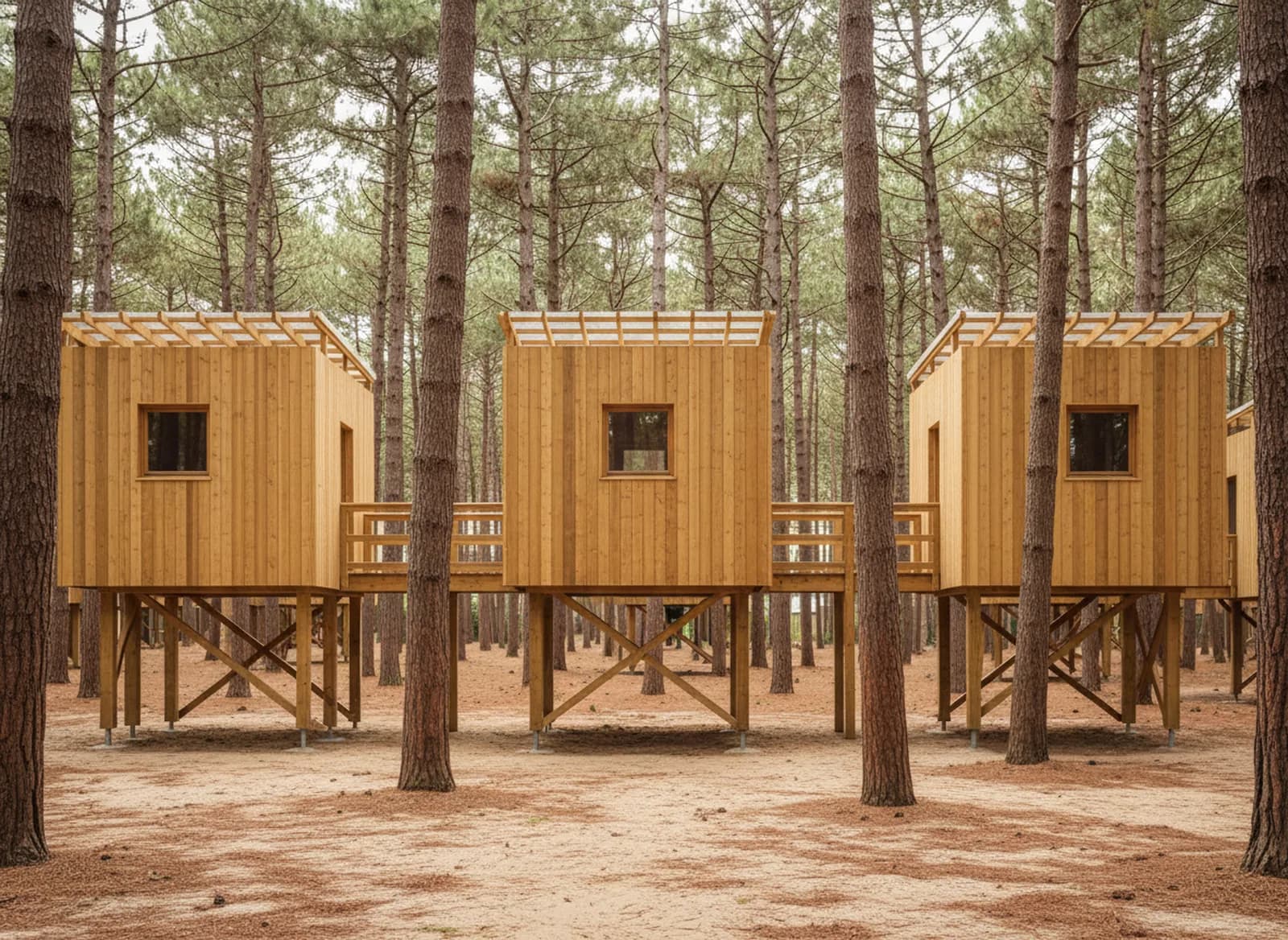 Cabanes sur pilotis entre les pins d’un camping du littoral, reliées par des passerelles