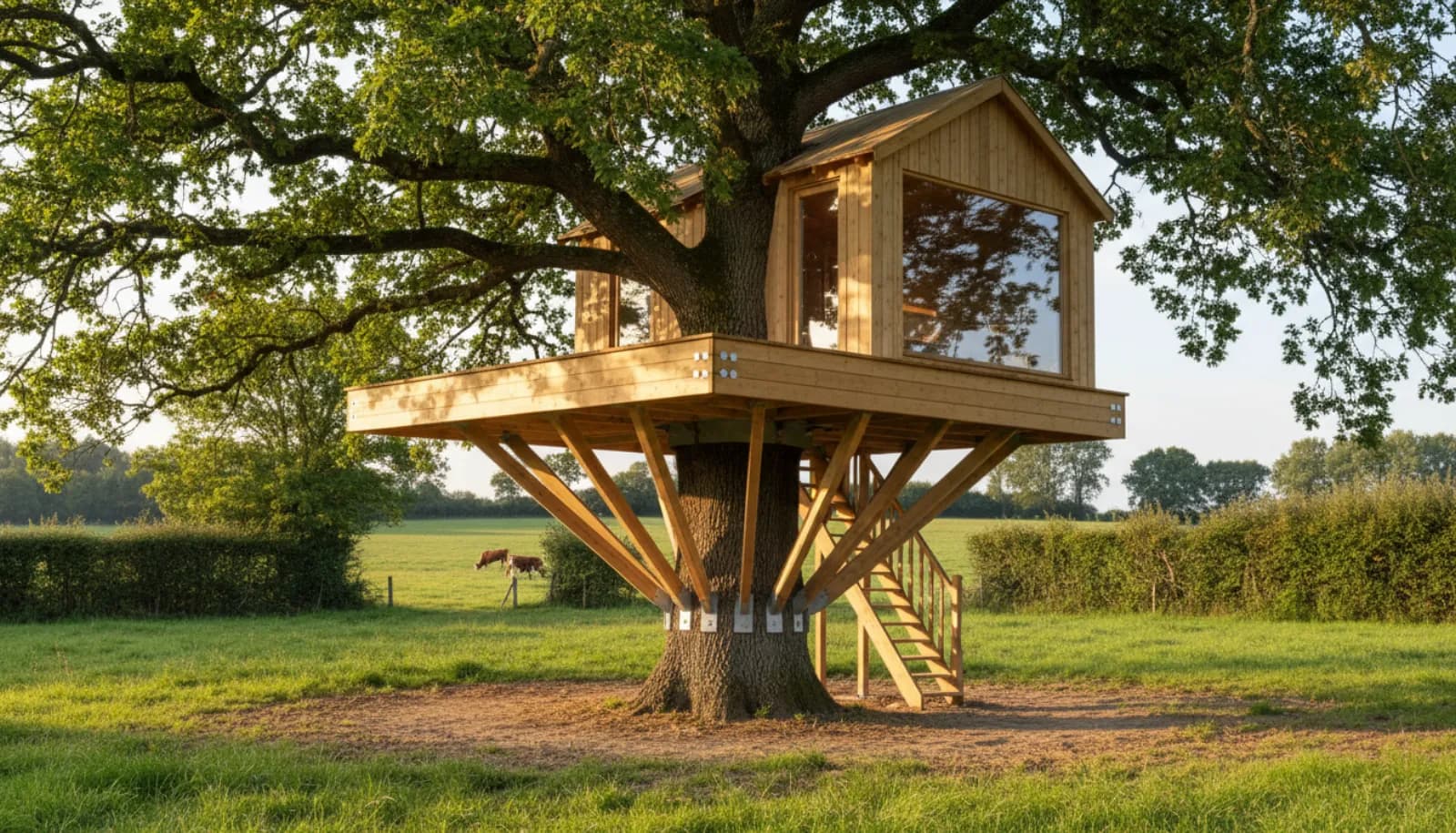 Cabane perchée dans un grand chêne isolé, au milieu d’une prairie de bocage