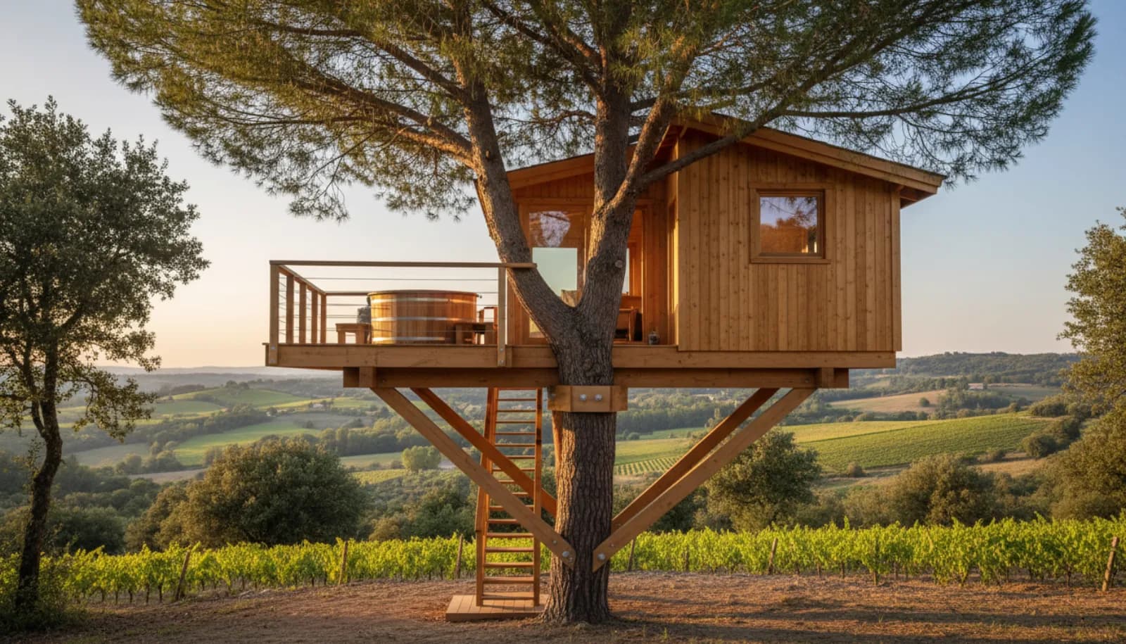 Cabane perchée avec spa dans les pins parasols, sur une colline de Provence