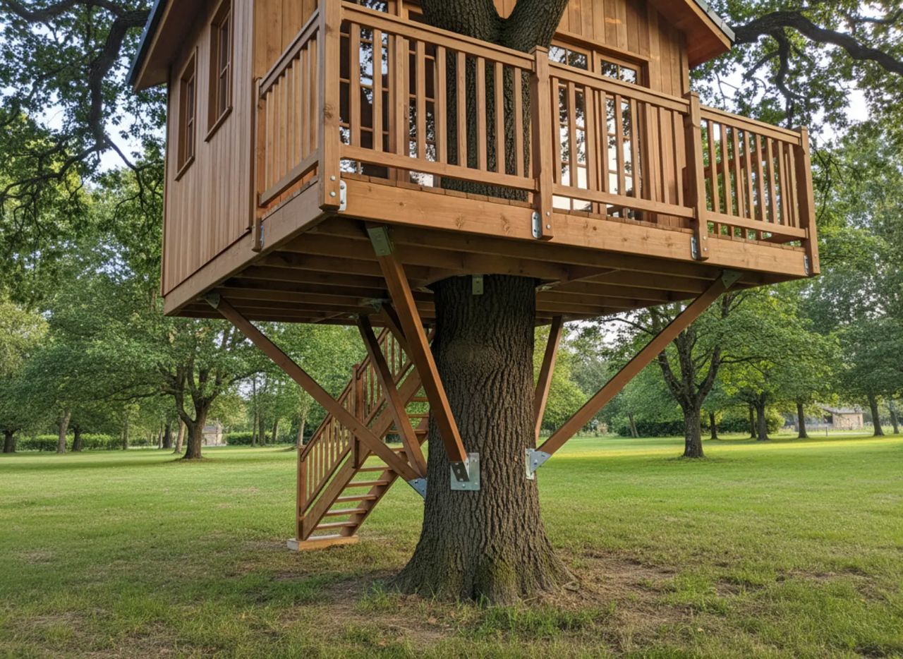 Plateforme de cabane portée par des jambes de force appuyées sur le tronc d'un chêne